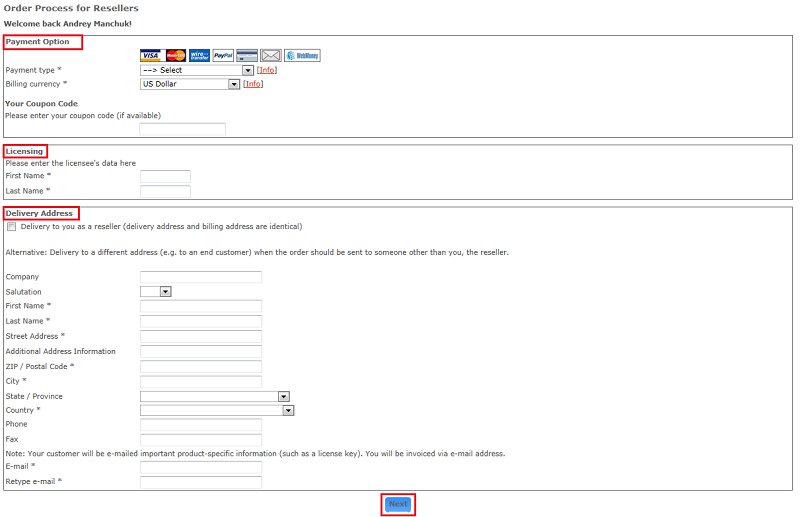 Payment and delivery options